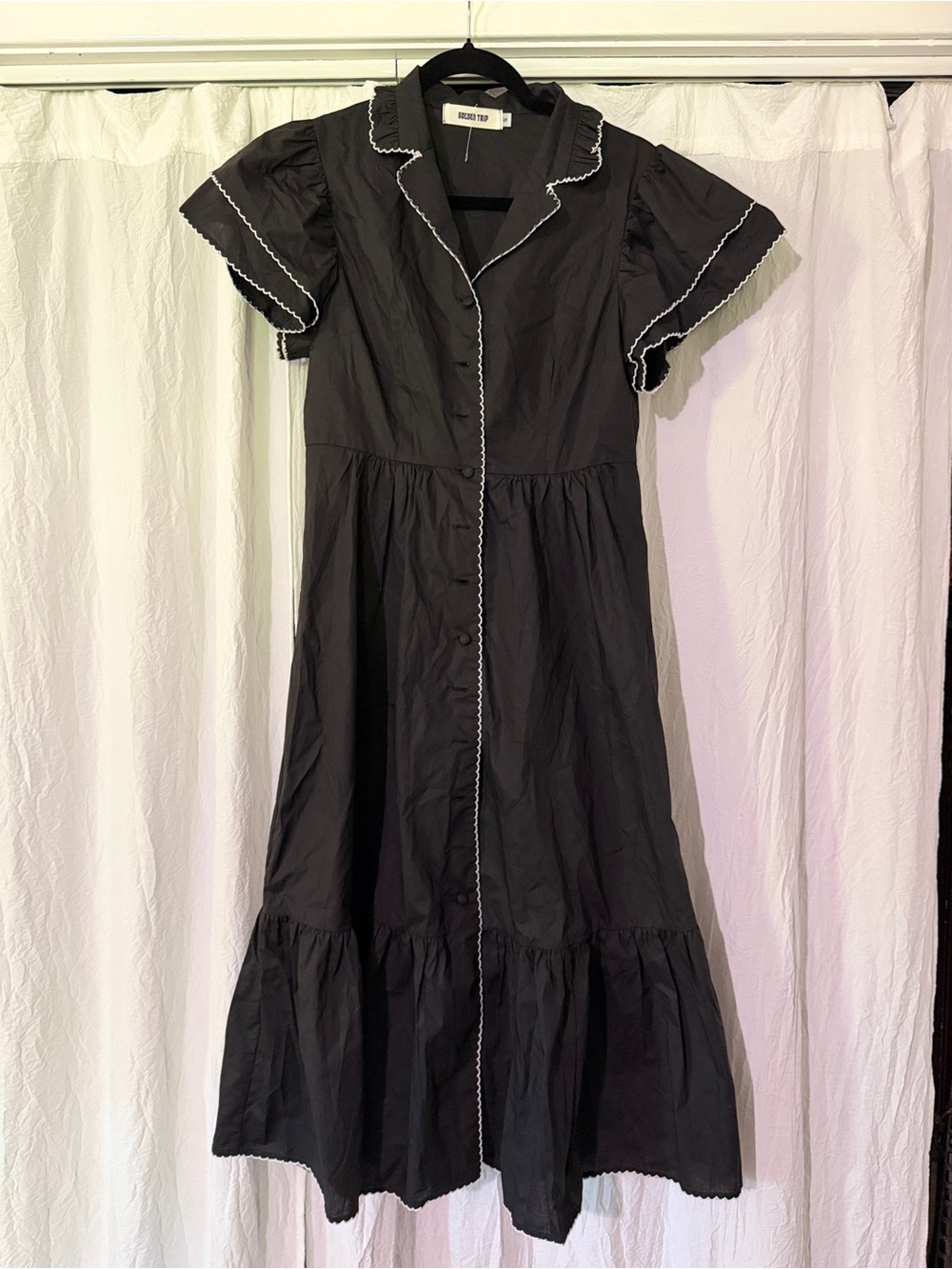 Black Midi Button-Front Maxi Dress with White Scallop Trim